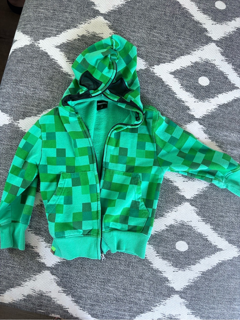 Green Pixel-Print Minecraft Creeper Kids Zip Hoodie—Creeper hood